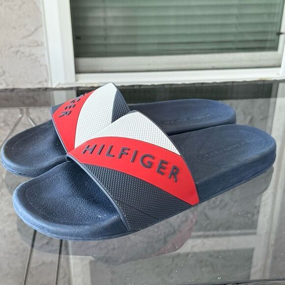 VTG Tommy Hilfiger Slide Sandals Mens 10 Blue USA Flag Y2K Preppy 90s - Picture 2 of 8